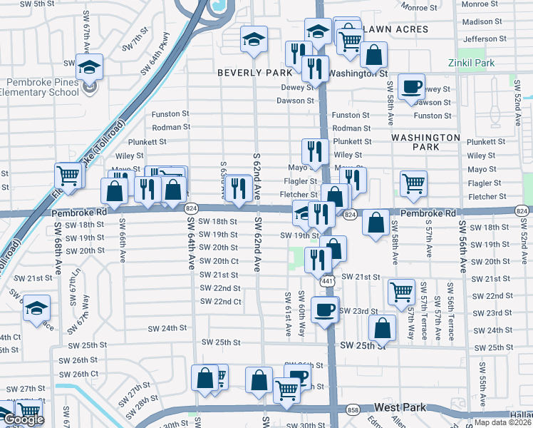 map of restaurants, bars, coffee shops, grocery stores, and more near 6152 Pembroke Road in Miramar