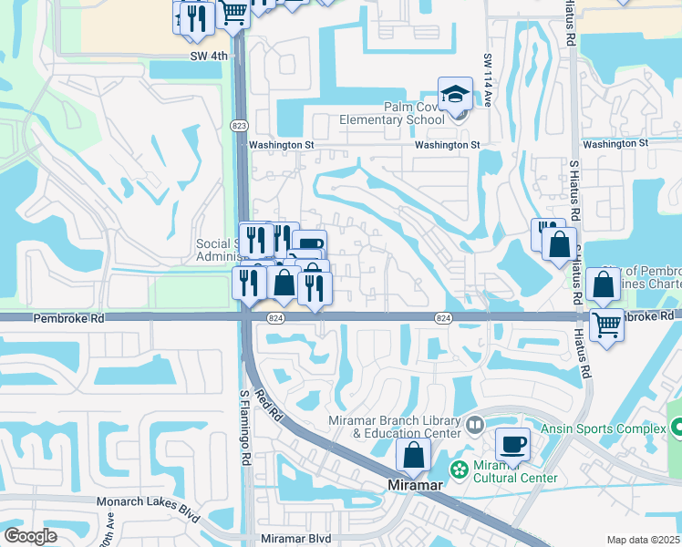 map of restaurants, bars, coffee shops, grocery stores, and more near 12017 Southwest 15th Street in Pembroke Pines