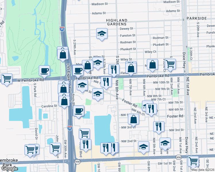 map of restaurants, bars, coffee shops, grocery stores, and more near 828 Northwest 10th Street in Hallandale Beach