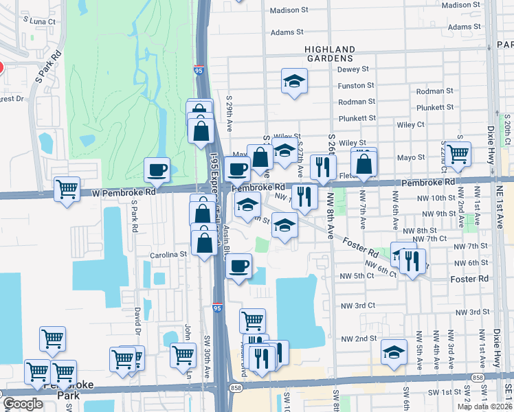 map of restaurants, bars, coffee shops, grocery stores, and more near 1012 Foster Road in Hallandale Beach