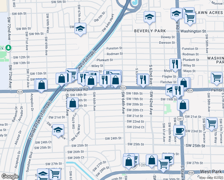 map of restaurants, bars, coffee shops, grocery stores, and more near 6444 Pembroke Road in Miramar