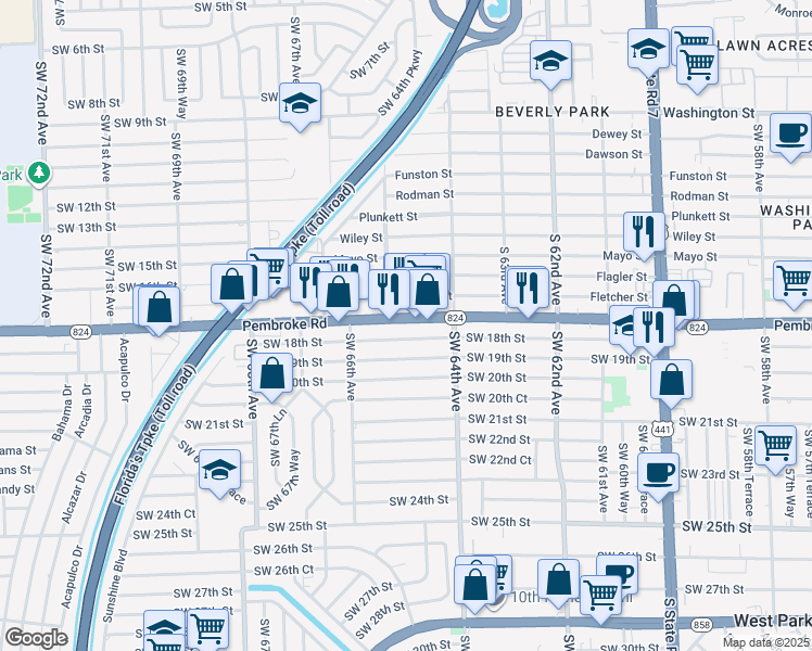 map of restaurants, bars, coffee shops, grocery stores, and more near 6444 Pembroke Road in Miramar