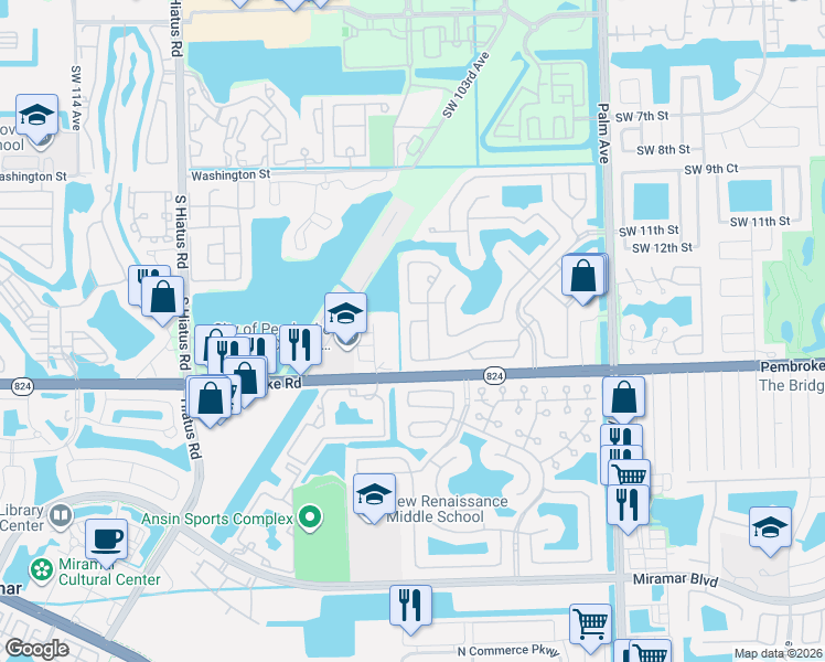 map of restaurants, bars, coffee shops, grocery stores, and more near 1484 Southwest 106th Avenue in Pembroke Pines