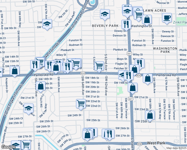 map of restaurants, bars, coffee shops, grocery stores, and more near 6319 Southwest 18th Street in Miramar