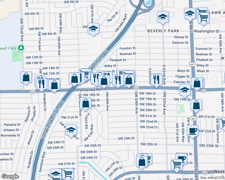 map of restaurants, bars, coffee shops, grocery stores, and more near 6570 Pembroke Road in Miramar