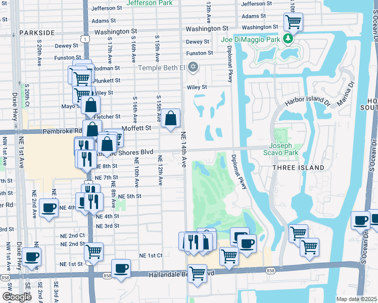 map of restaurants, bars, coffee shops, grocery stores, and more near 1420 Atlantic Shores Boulevard in Hallandale Beach