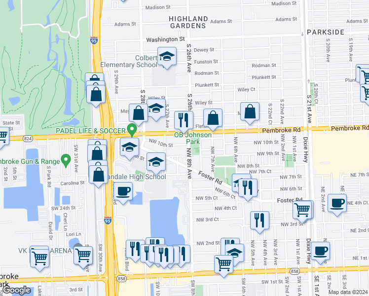 map of restaurants, bars, coffee shops, grocery stores, and more near 828 Northwest 10th Street in Hallandale Beach