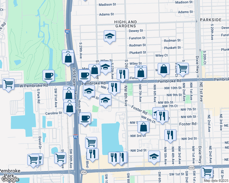 map of restaurants, bars, coffee shops, grocery stores, and more near 828 Northwest 10th Street in Hallandale Beach