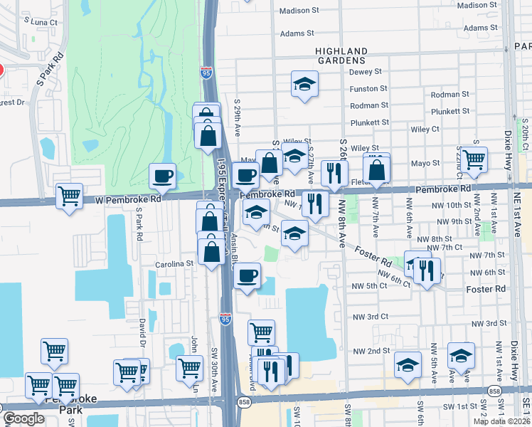 map of restaurants, bars, coffee shops, grocery stores, and more near 1012 Foster Road in Hallandale Beach