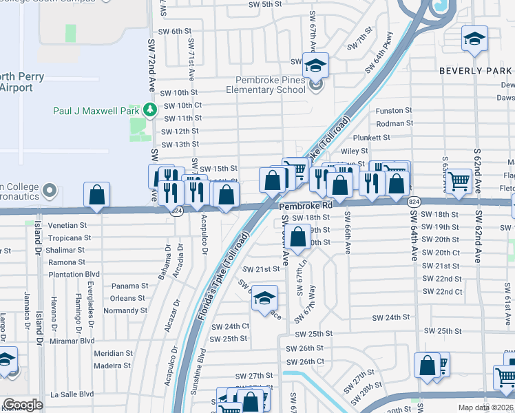 map of restaurants, bars, coffee shops, grocery stores, and more near 6839 Pembroke Road in Pembroke Pines