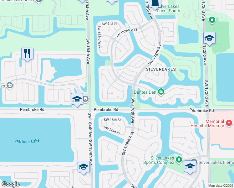 map of restaurants, bars, coffee shops, grocery stores, and more near 1322 Southwest 178th Way in Pembroke Pines