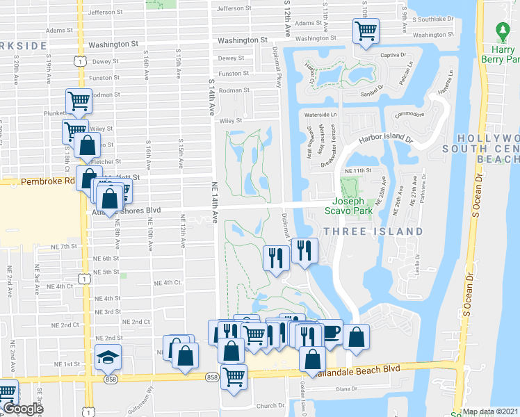 map of restaurants, bars, coffee shops, grocery stores, and more near 1600 Atlantic Shores Boulevard in Hallandale Beach