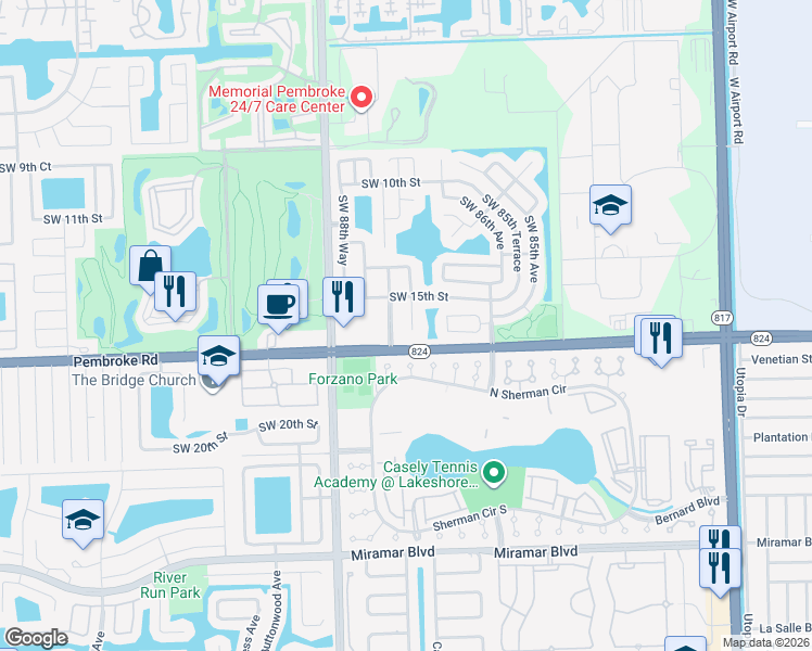 map of restaurants, bars, coffee shops, grocery stores, and more near 1550 Southwest 87th Terrace in Pembroke Pines