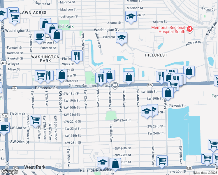 map of restaurants, bars, coffee shops, grocery stores, and more near 4800 Pembroke Road in Hollywood