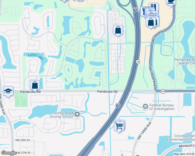 map of restaurants, bars, coffee shops, grocery stores, and more near 15013 Southwest 16th Street in Pembroke Pines