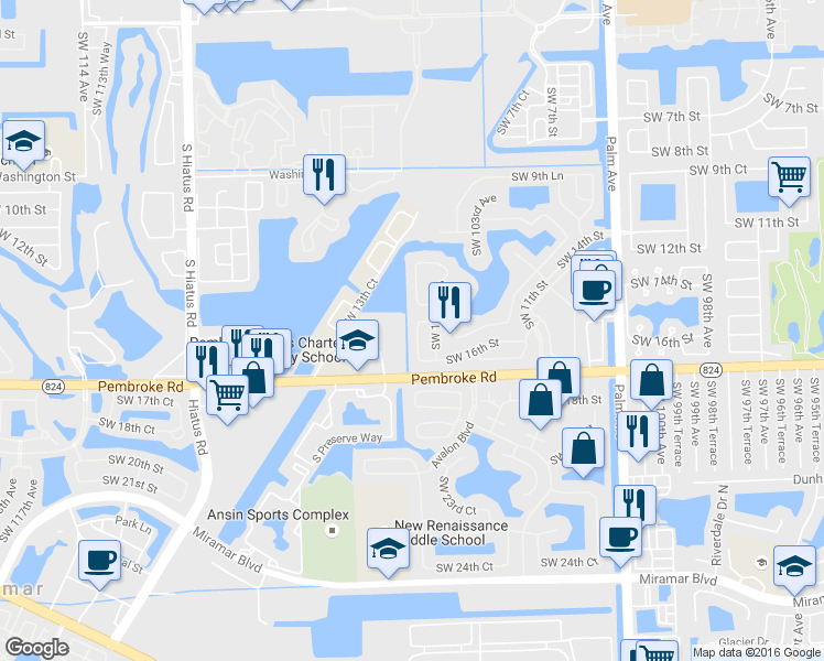map of restaurants, bars, coffee shops, grocery stores, and more near 1484 Southwest 106th Avenue in Pembroke Pines
