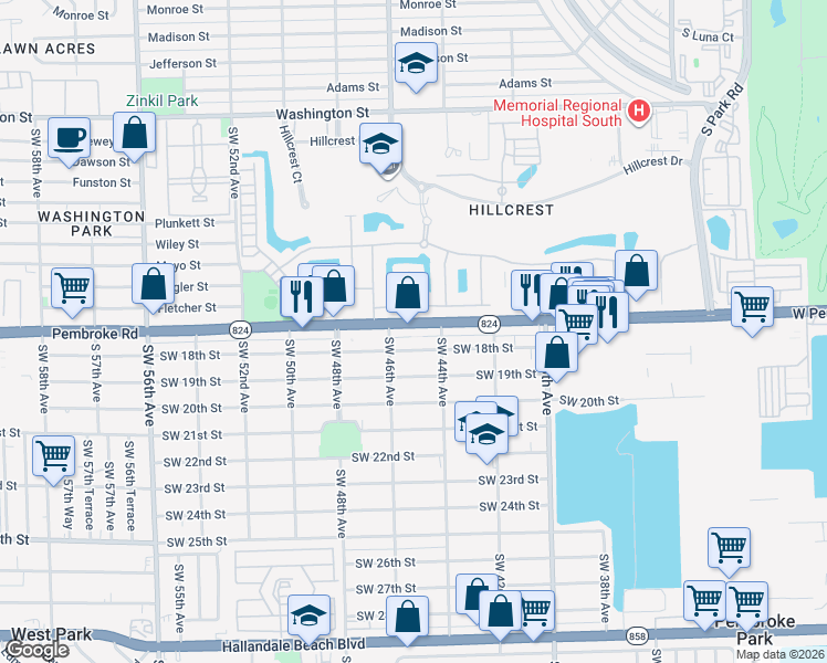 map of restaurants, bars, coffee shops, grocery stores, and more near 4424 Pembroke Road in Hollywood