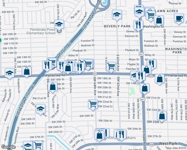 map of restaurants, bars, coffee shops, grocery stores, and more near 6405 Southwest 18th Street in Miramar