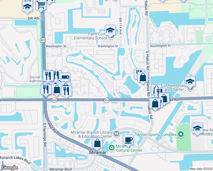 map of restaurants, bars, coffee shops, grocery stores, and more near 11568 Southwest 13th Lane in Pembroke Pines