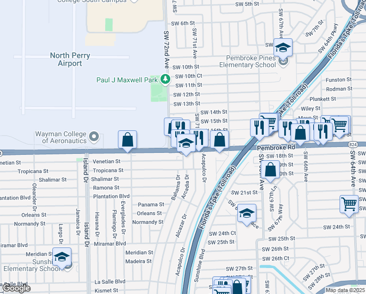 map of restaurants, bars, coffee shops, grocery stores, and more near 7151 Pembroke Road in Pembroke Pines