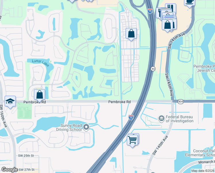 map of restaurants, bars, coffee shops, grocery stores, and more near 15013 Southwest 16th Street in Pembroke Pines
