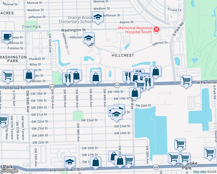 map of restaurants, bars, coffee shops, grocery stores, and more near 4352 Pembroke Road in Hollywood