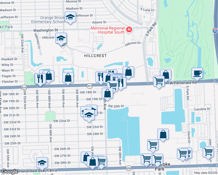 map of restaurants, bars, coffee shops, grocery stores, and more near 3996 Pembroke Road in Pembroke Park