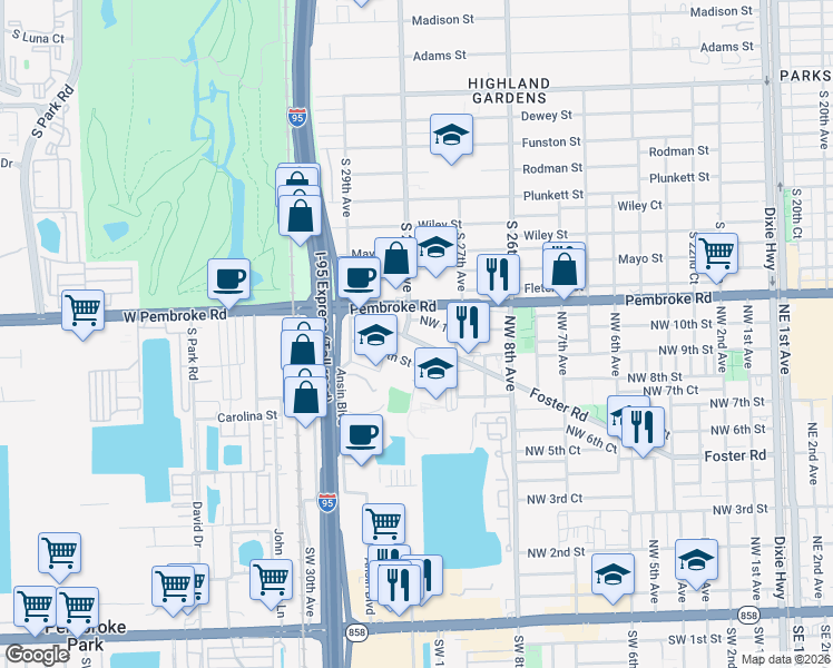 map of restaurants, bars, coffee shops, grocery stores, and more near 1012 Foster Road in Hallandale Beach