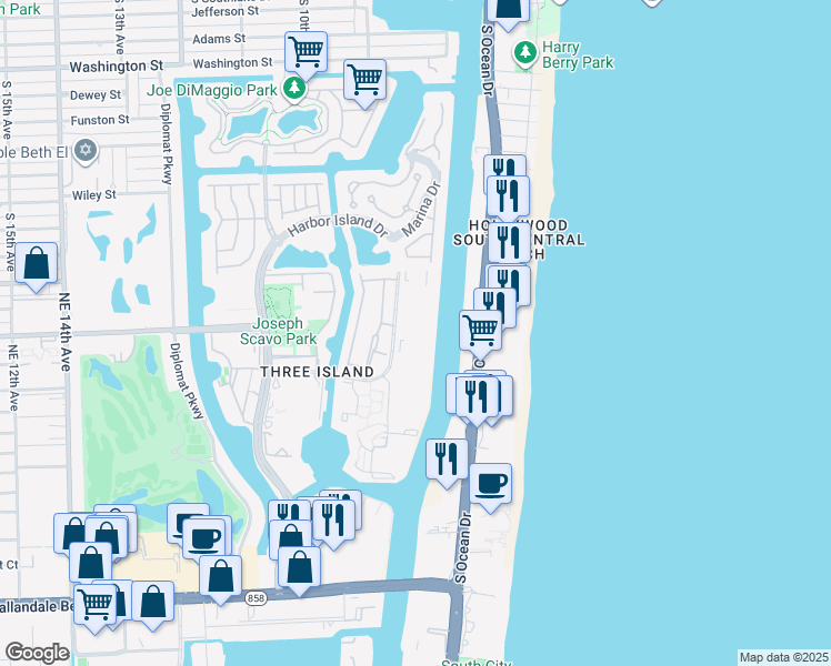 map of restaurants, bars, coffee shops, grocery stores, and more near 800 Parkview Drive in Hallandale Beach