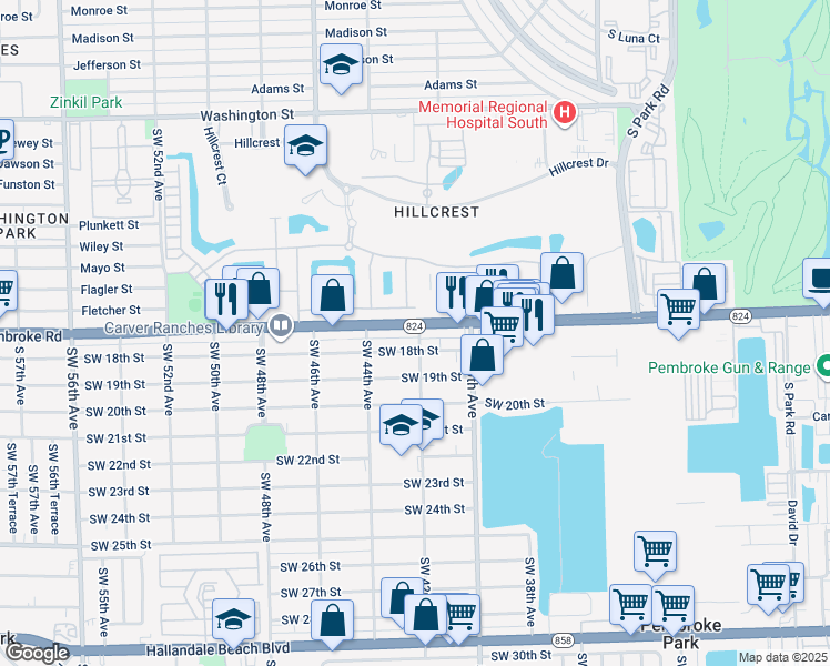 map of restaurants, bars, coffee shops, grocery stores, and more near 4200 Pembroke Road in Hollywood