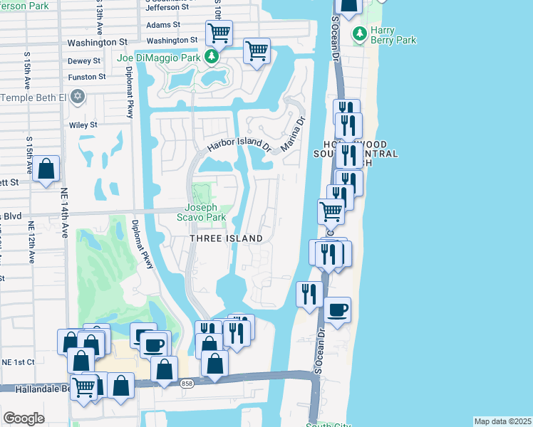 map of restaurants, bars, coffee shops, grocery stores, and more near 814 Northeast 27th Avenue in Hallandale Beach