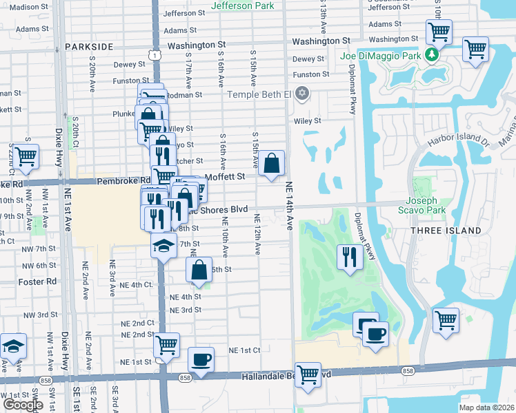 map of restaurants, bars, coffee shops, grocery stores, and more near 1250 Atlantic Shores Boulevard in Hallandale Beach