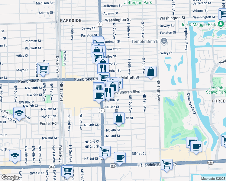 map of restaurants, bars, coffee shops, grocery stores, and more near in Hallandale Beach