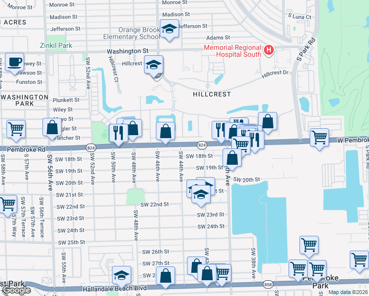 map of restaurants, bars, coffee shops, grocery stores, and more near 4352 Pembroke Road in Hollywood