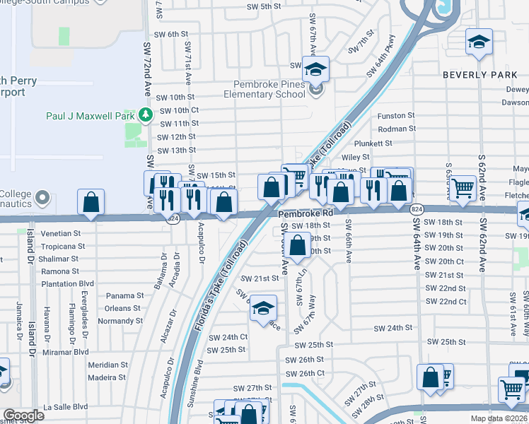 map of restaurants, bars, coffee shops, grocery stores, and more near 6839 Pembroke Road in Pembroke Pines