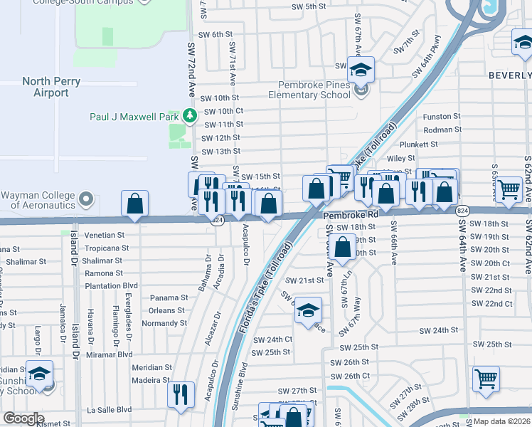 map of restaurants, bars, coffee shops, grocery stores, and more near 6921 Pembroke Road in Pembroke Pines