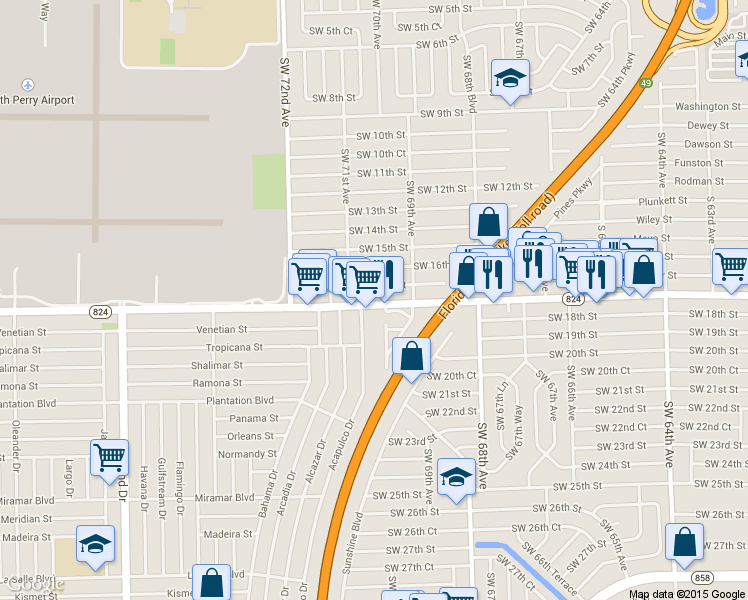 map of restaurants, bars, coffee shops, grocery stores, and more near 6921 Pembroke Road in Pembroke Pines