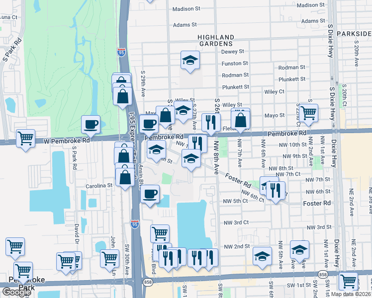map of restaurants, bars, coffee shops, grocery stores, and more near 926 Northwest 10th Street in Hallandale Beach