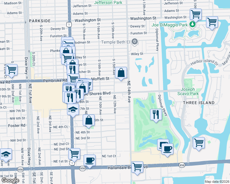 map of restaurants, bars, coffee shops, grocery stores, and more near 1250 Atlantic Shores Boulevard in Hallandale Beach
