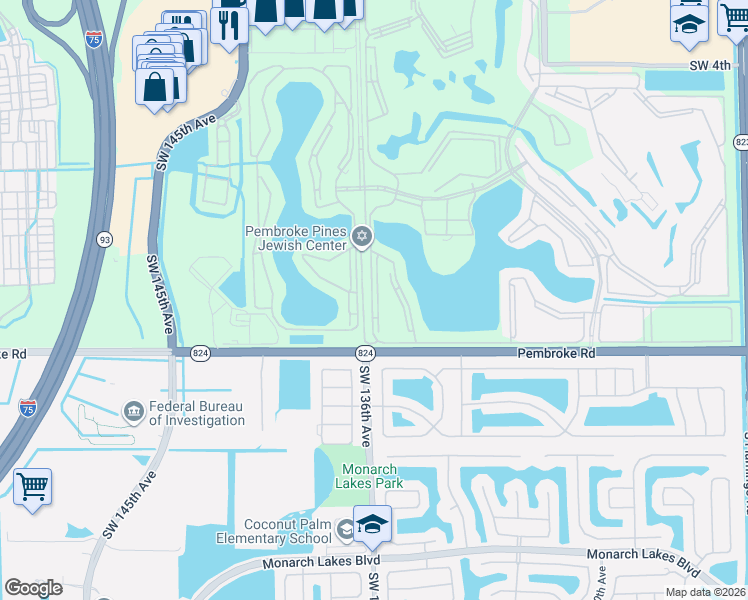 map of restaurants, bars, coffee shops, grocery stores, and more near 1401 Southwest 135th Terrace in Pembroke Pines
