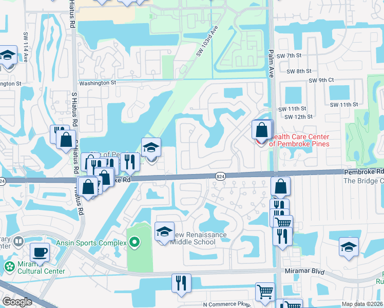 map of restaurants, bars, coffee shops, grocery stores, and more near 1480 Southwest 104th Avenue in Pembroke Pines