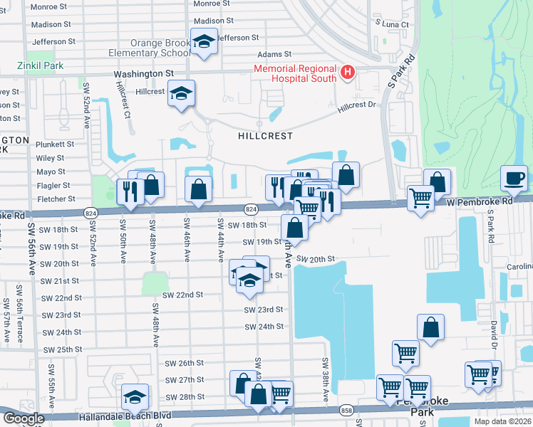 map of restaurants, bars, coffee shops, grocery stores, and more near 4009 Southwest 18th Street in West Park