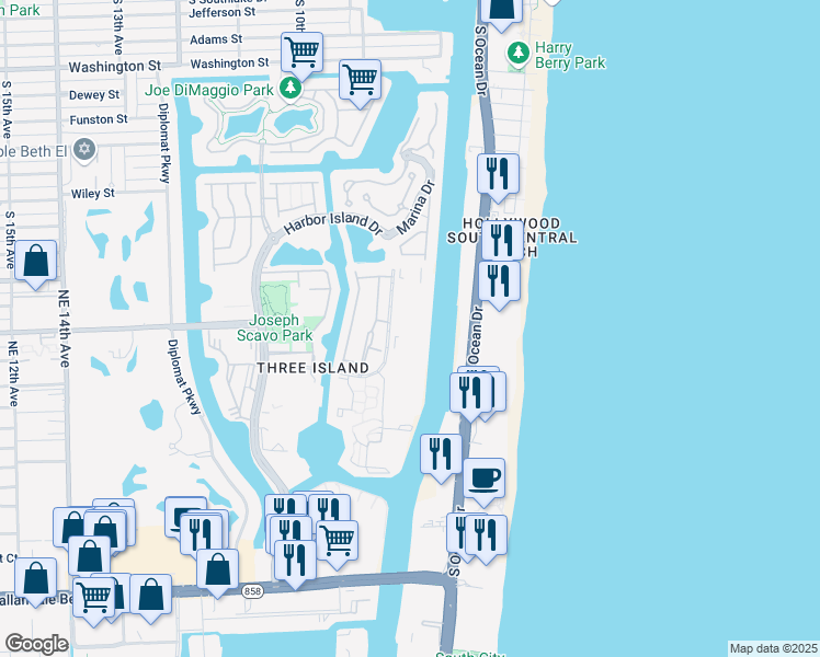 map of restaurants, bars, coffee shops, grocery stores, and more near 800 Parkview Drive in Hallandale Beach