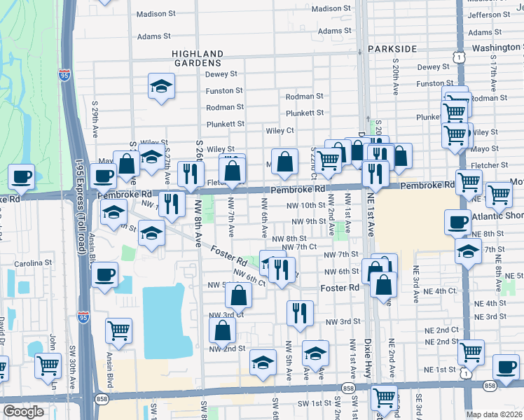 map of restaurants, bars, coffee shops, grocery stores, and more near 616 Northwest 9th Street in Hallandale Beach