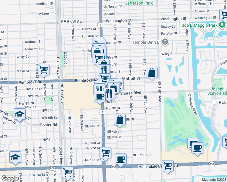 map of restaurants, bars, coffee shops, grocery stores, and more near in Hallandale Beach
