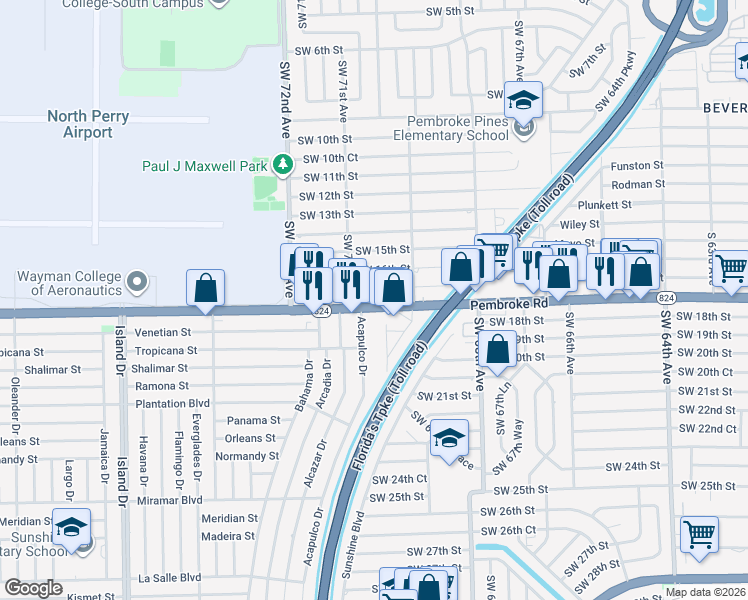 map of restaurants, bars, coffee shops, grocery stores, and more near 6921 Pembroke Road in Pembroke Pines
