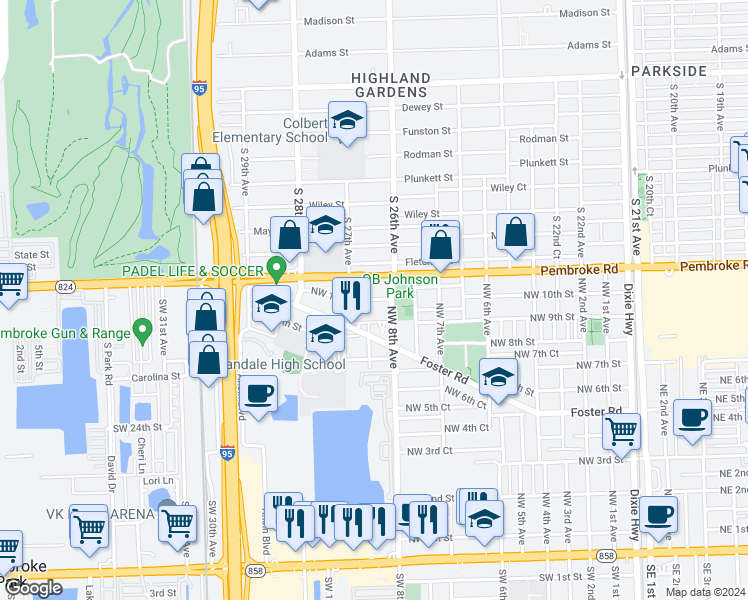 map of restaurants, bars, coffee shops, grocery stores, and more near 828 Northwest 10th Street in Hallandale Beach