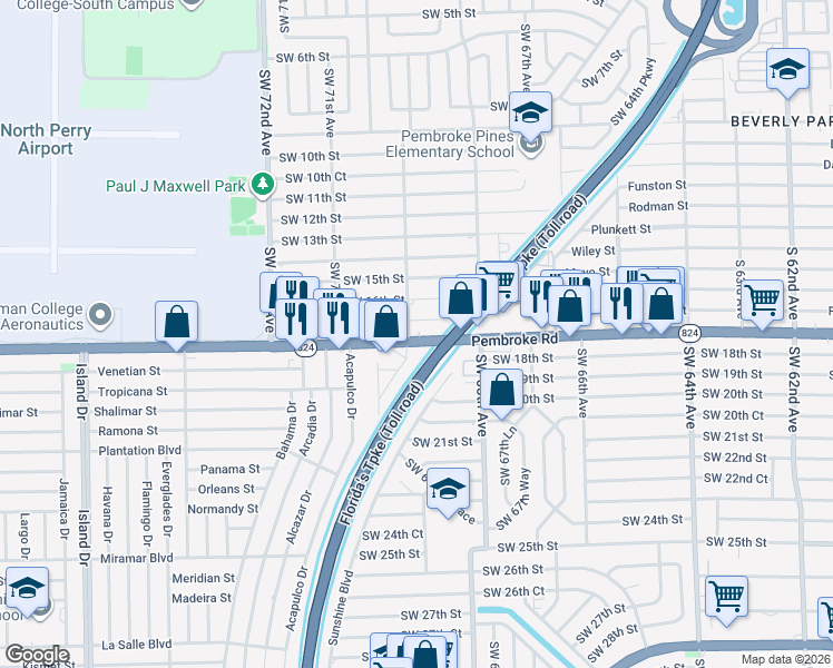 map of restaurants, bars, coffee shops, grocery stores, and more near 6942 Pembroke Road in Pembroke Pines