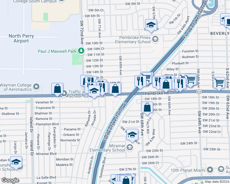 map of restaurants, bars, coffee shops, grocery stores, and more near 6921 Pembroke Road in Pembroke Pines