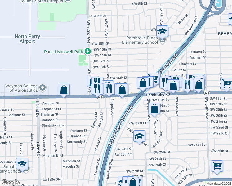 map of restaurants, bars, coffee shops, grocery stores, and more near 6921 Pembroke Road in Pembroke Pines